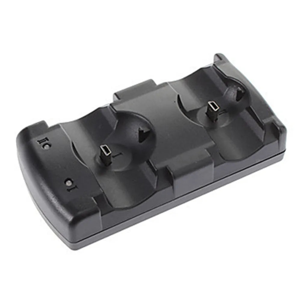 Black plastic PS3 two-in-one dual charger base with USB interface for wireless controllers