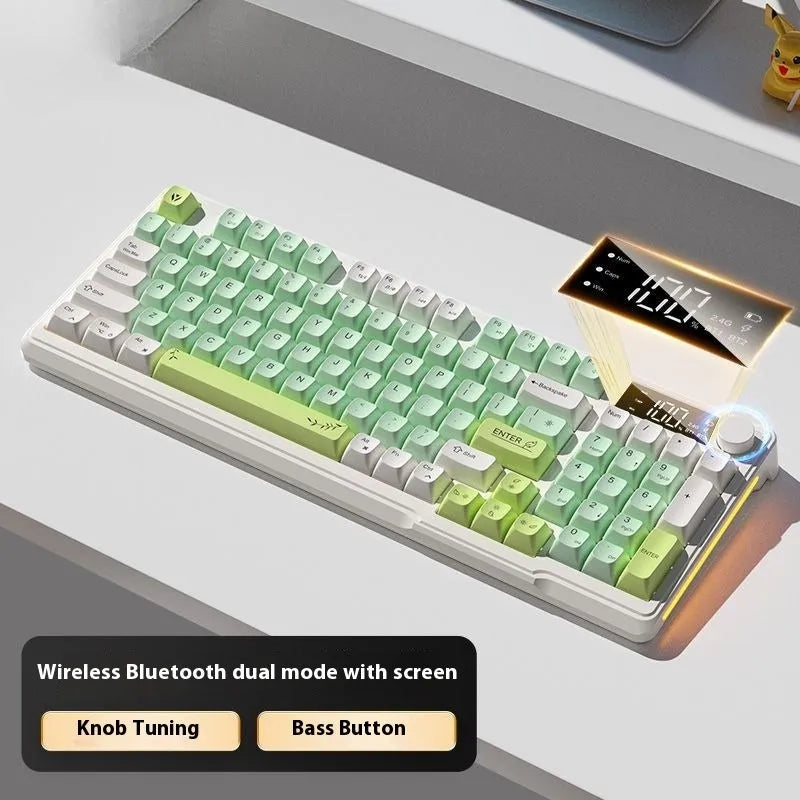 Wireless mechanical-feel keyboard and mouse in a two-tone colour option, showing Type-C cable and connectivity switches.