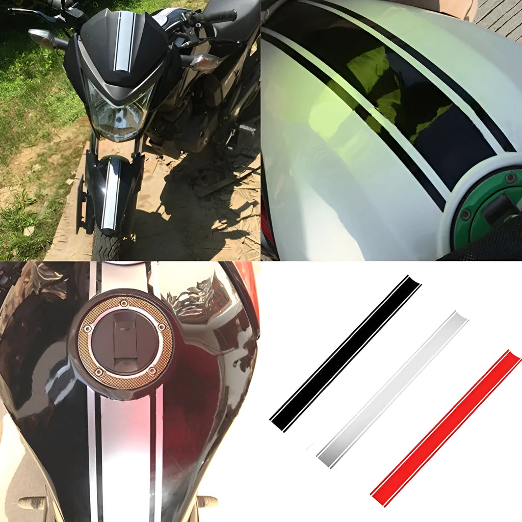 Motorcycle gas tank lid reflective pinstripe sticker measuring 50 by 4.5 cm in black, red, silver, or yellow