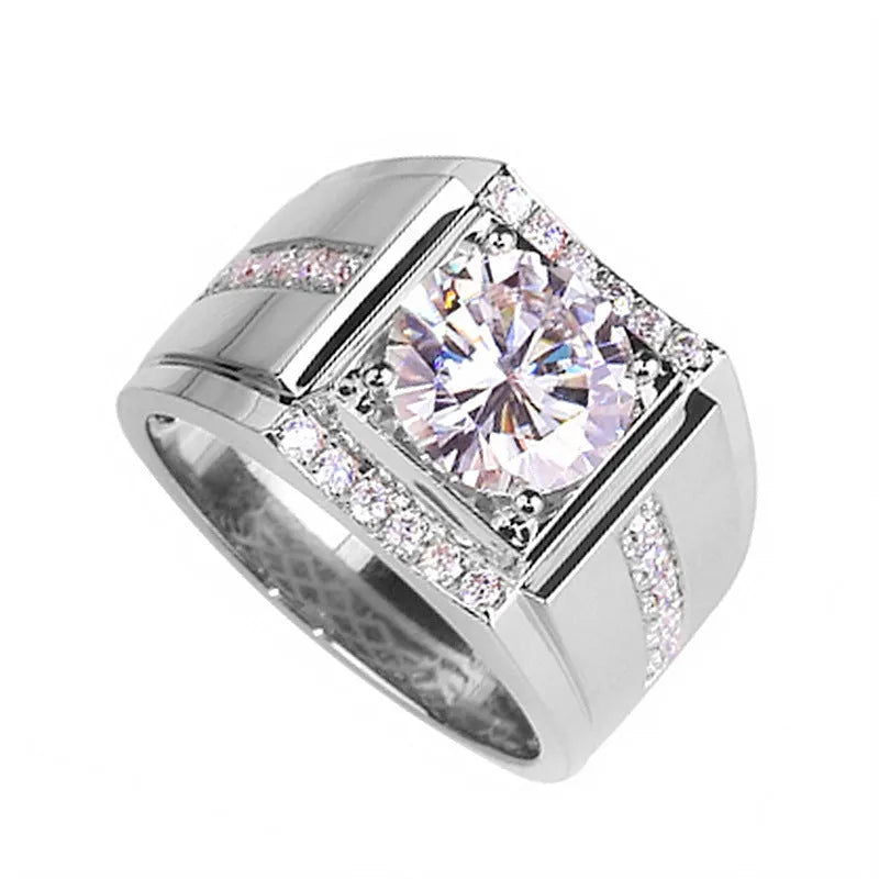 Men's geometric adjustable copper ring with high-carbon diamond zircon stones in an electroplated finish.