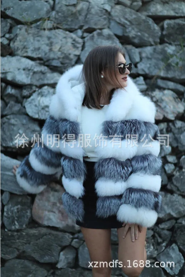 Women's loose artificial fur coat with hood in brown and white silver fox colour options, shown at 65cm length.