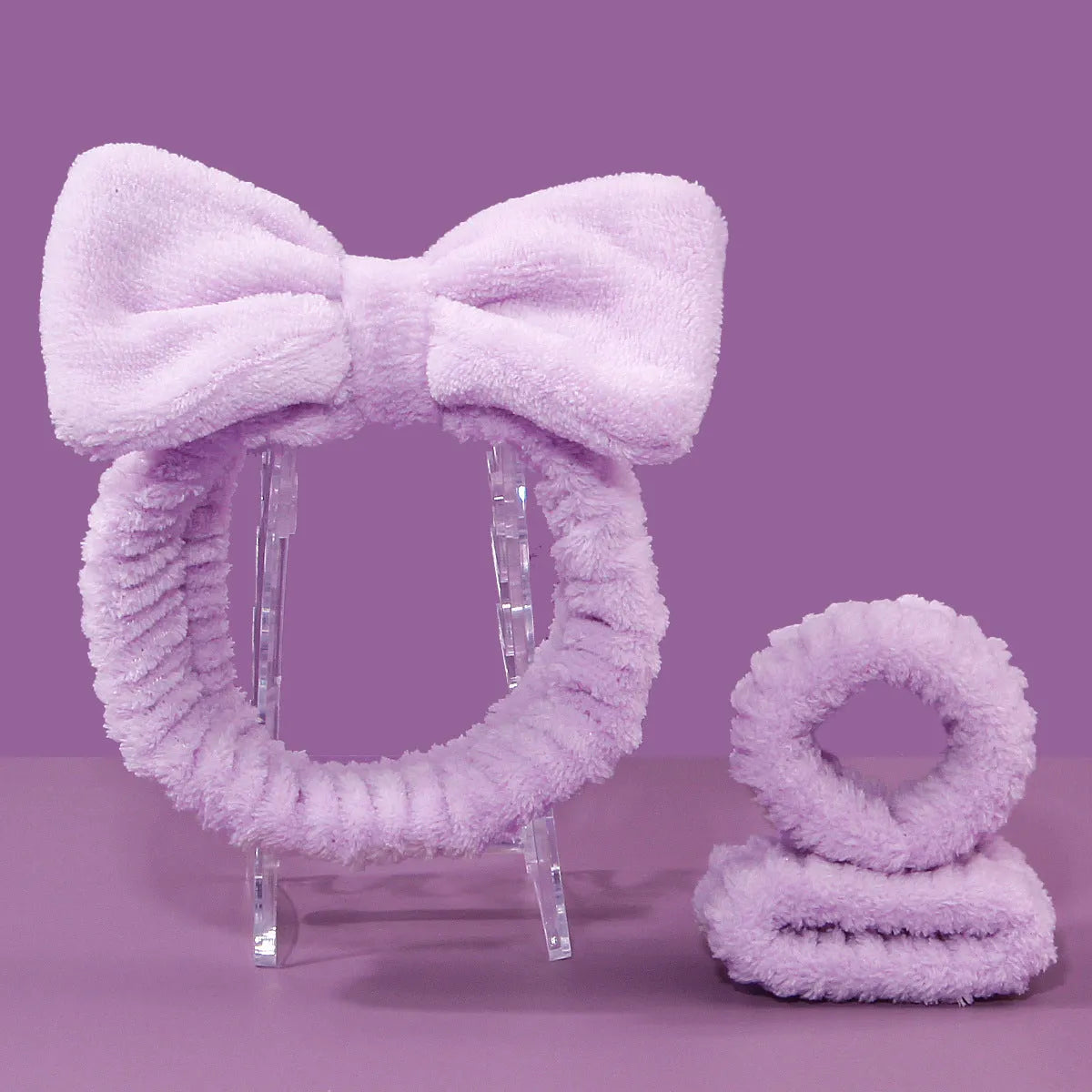 Facial brush set with coral fleece hair band and nylon bristle brush in multiple colour options