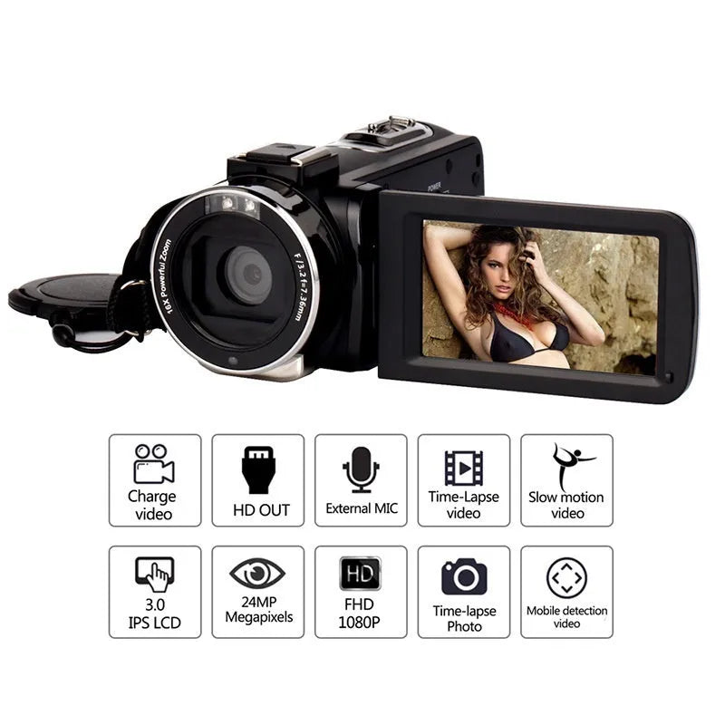 DV06S 27K HD digital video camera in black with lens cover and remote