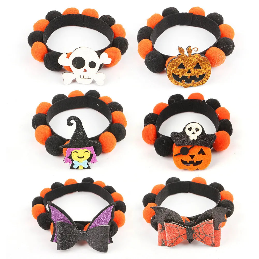 Halloween pet collar with fluffy fur ball accessory in pumpkin design, shown in size M