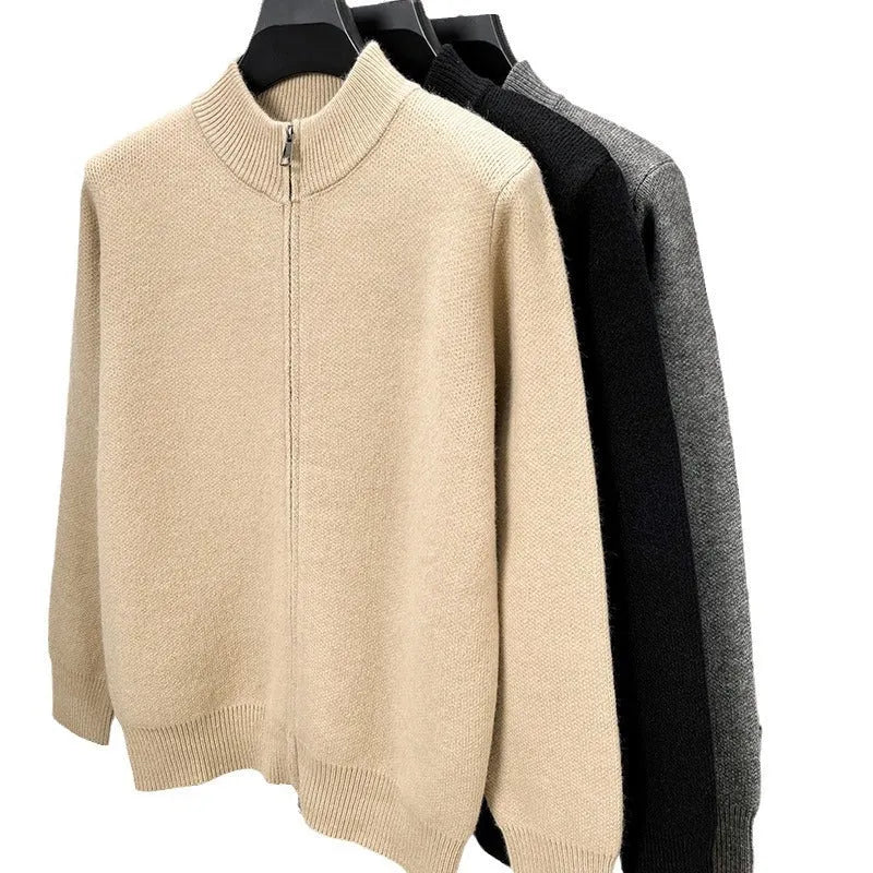 Men's black stand collar knitted cardigan with front zip closure in loose fit