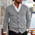 Men's slim fit acrylic cardigan sweater in a range of colours including black, grey, and wine red.