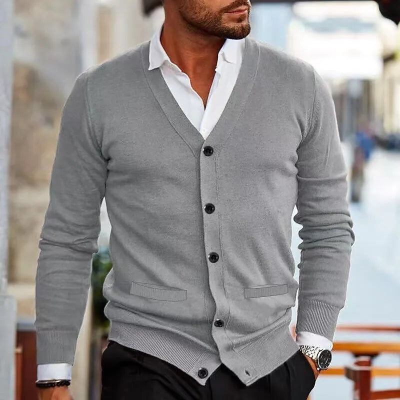 Men's slim fit acrylic cardigan sweater in a range of colours including black, grey, and wine red.