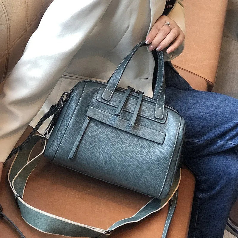 Genuine leather Boston lychee pattern shoulder messenger bag open showing internal compartments