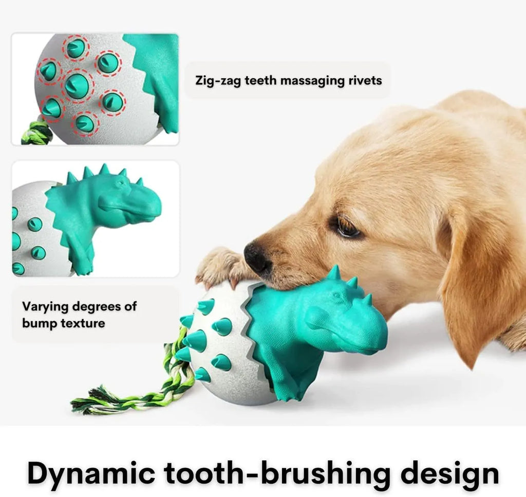 Blue dinosaur-shaped dog chew toy with rope element for aggressive chewers