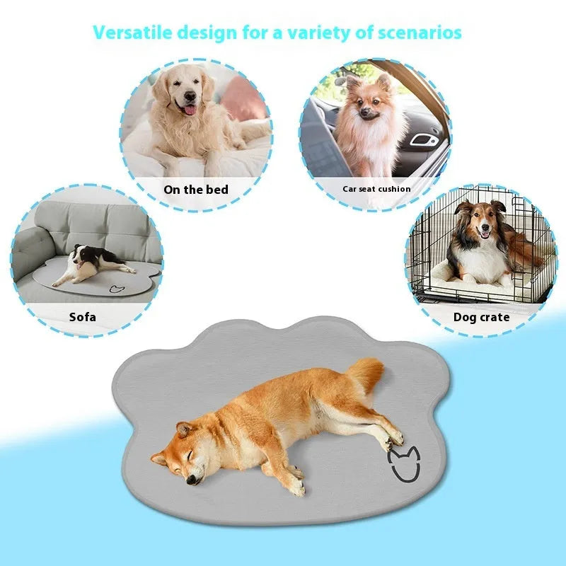 Ice silk dog cooling mat with dog head pattern in light grey, showing non-slip base and rectangular shape.