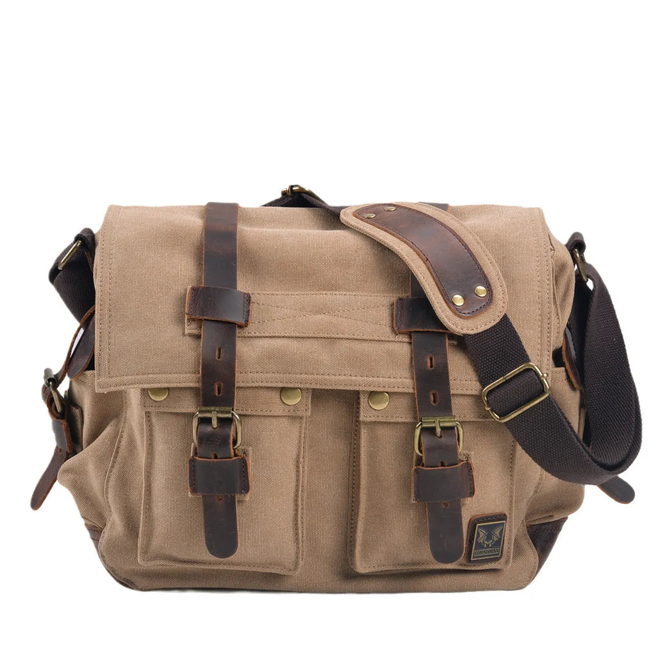 Men's brown retro canvas crossbody shoulder bag with cowhide trim, shown with flap open revealing internal zip pockets.