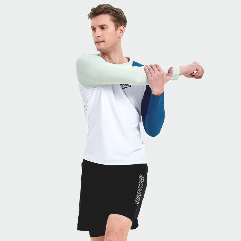 Men's white long-sleeved swimming top with matching double-layer beach swim trunks set