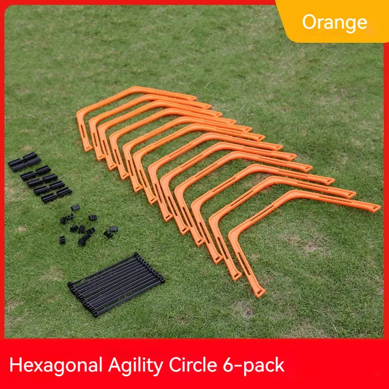 Six foldable hexagon agility training rings in yellow, green and orange colours for football drills
