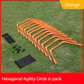 Six foldable hexagon agility training rings in yellow, green and orange colours for football drills