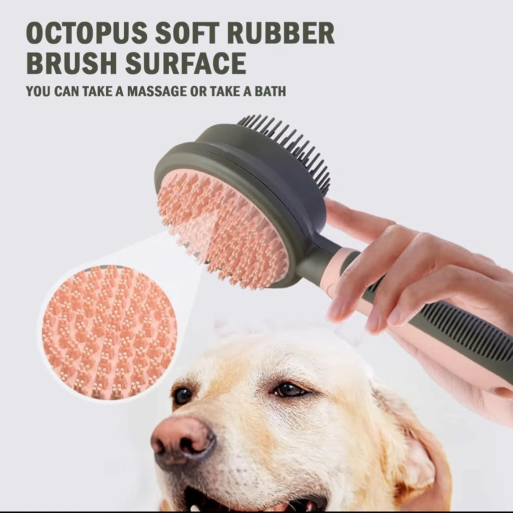 Double sided pink cat brush with release button and separate flea comb for grooming