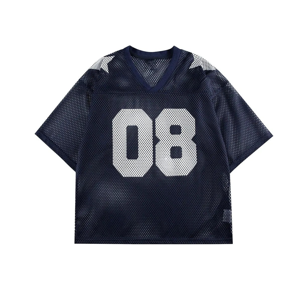 Black loose fit pullover shirt with a white letter pattern across the chest, modelled on a mannequin.