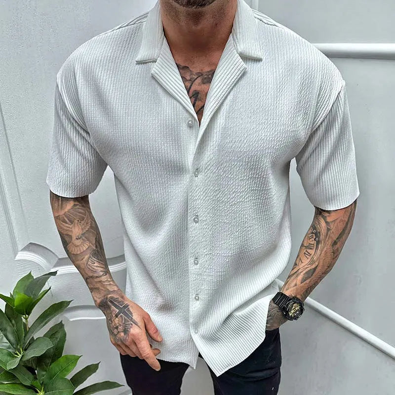 Men's cotton blend short sleeve cardigan in solid colour, front view, available in black