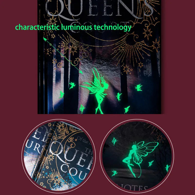 Blue A5 luminous hardcover notebook open to show full-colour illustrated pages