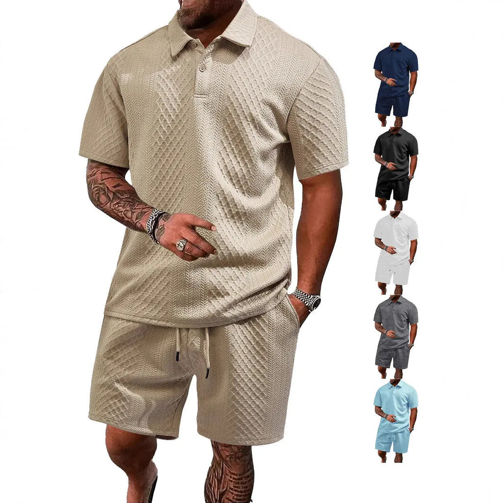 Men's patterned cloth casual suit comprising a short sleeve polo shirt and trousers on a hanger.