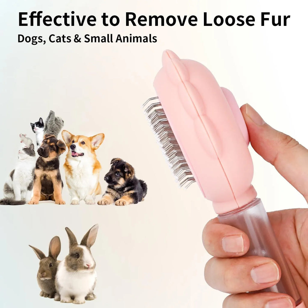 Grey spray cat grooming brush with self-cleaning button and water spray function.