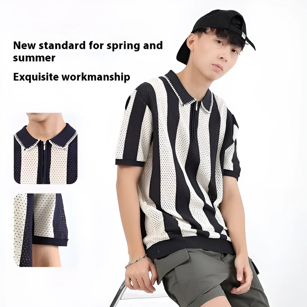 Man wearing a striped ice silk short sleeve sweater with a zipper decoration detail on the front.