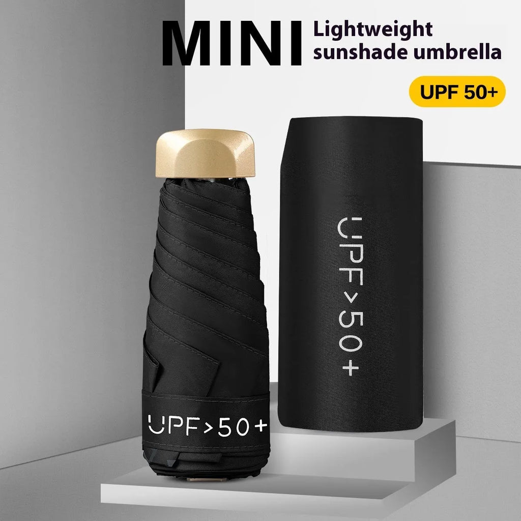 Compact folding sun umbrella shown open with 50cm diameter and closed in pocket-sized form