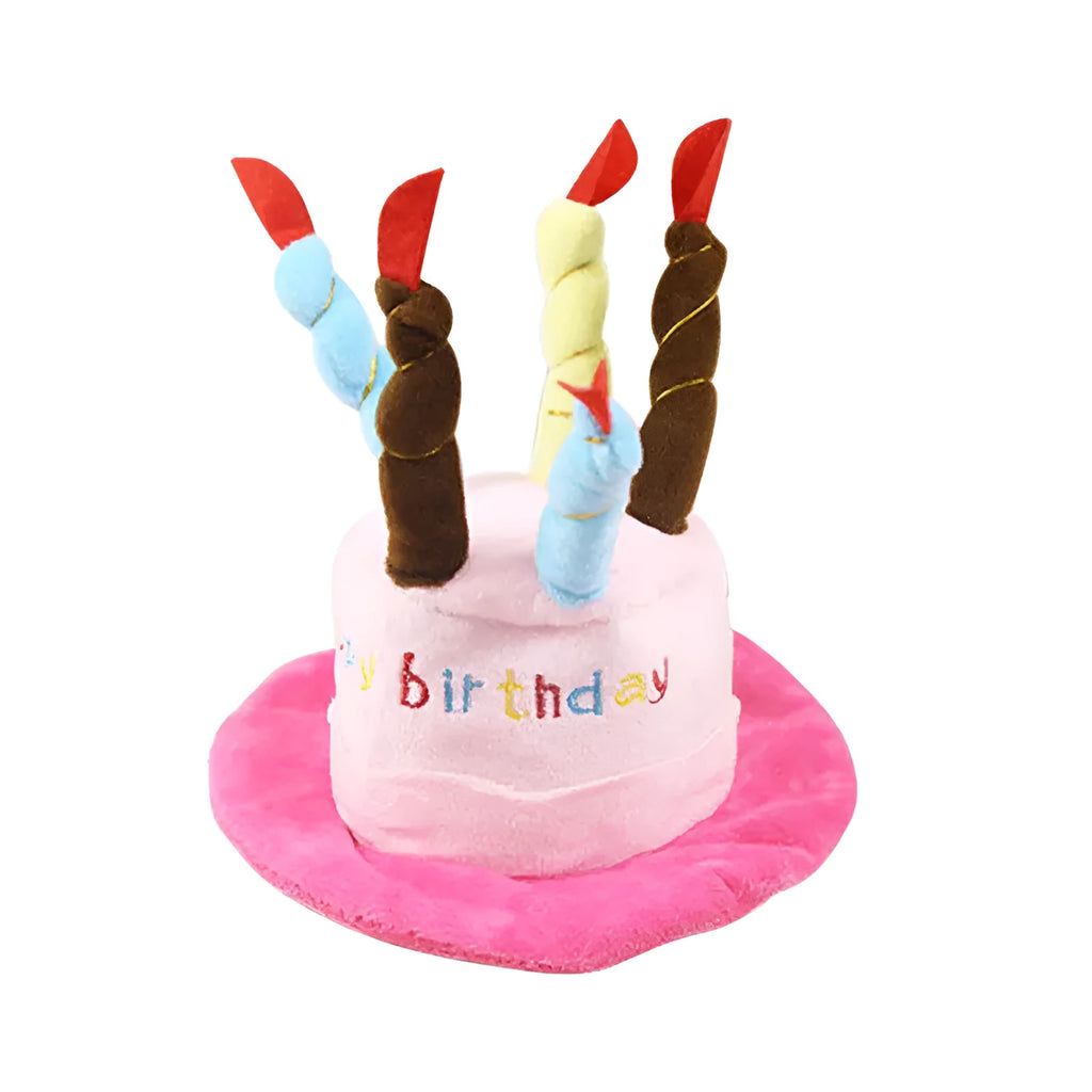 Blue and pink birthday hats for small dogs with elastic bands, shown with dimensions 21cm by 15cm.