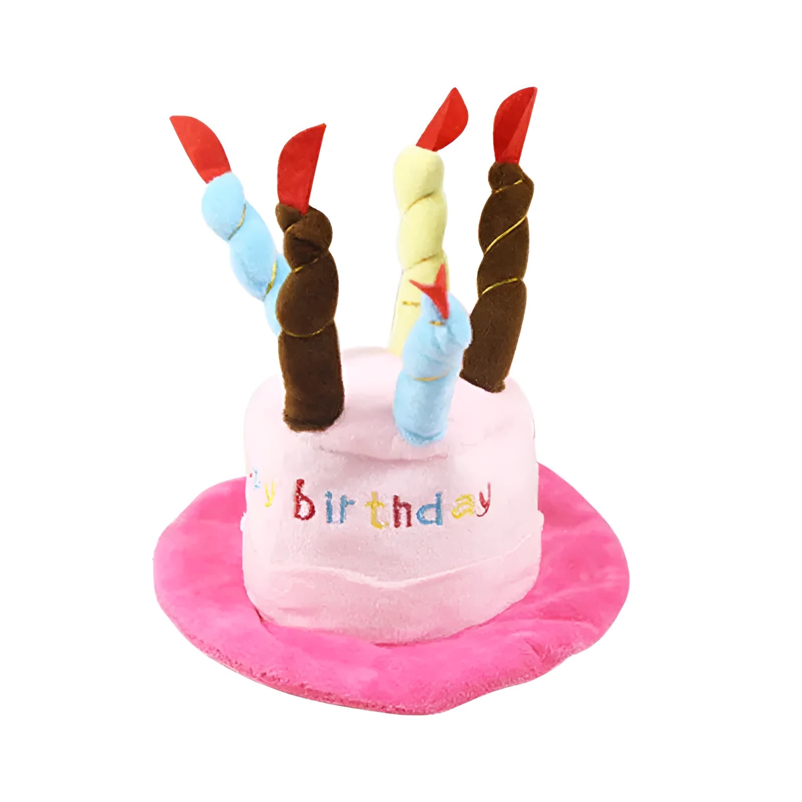 Blue and pink birthday hats for small dogs with elastic bands, shown with dimensions 21cm by 15cm.