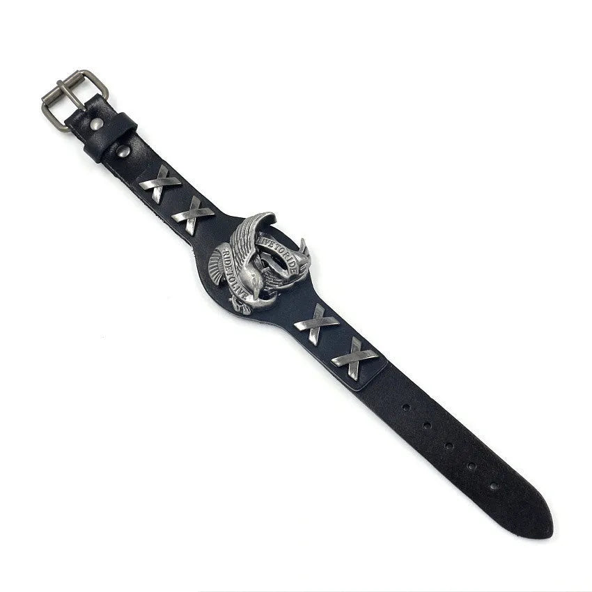 Black geometric leather bracelet with a detailed eagle watch-button clasp, shown flat.