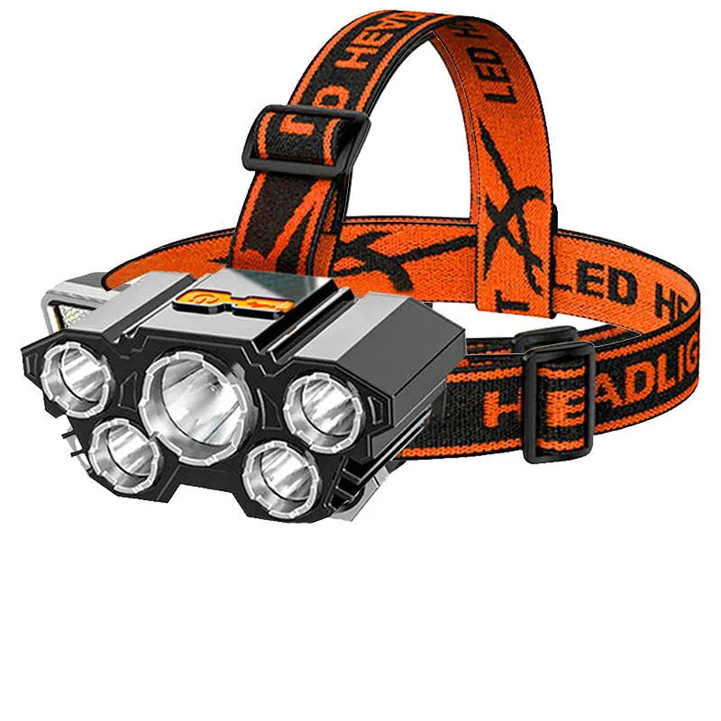 10W LED head-mounted miner's lamp with adjustable strap, PVC housing, and charging cable.