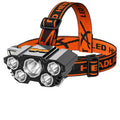 10W LED head-mounted miner's lamp with adjustable strap, PVC housing, and charging cable.