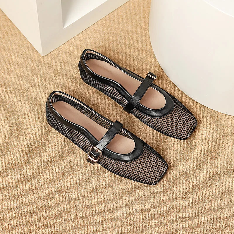Women's black mesh summer shoes with square toe, low heel, and buckle fastening