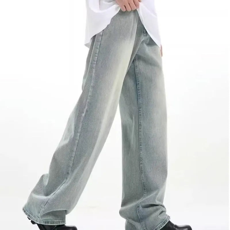 Blue retro-style loose casual trousers made from rabbit fur fabric on a plain background.