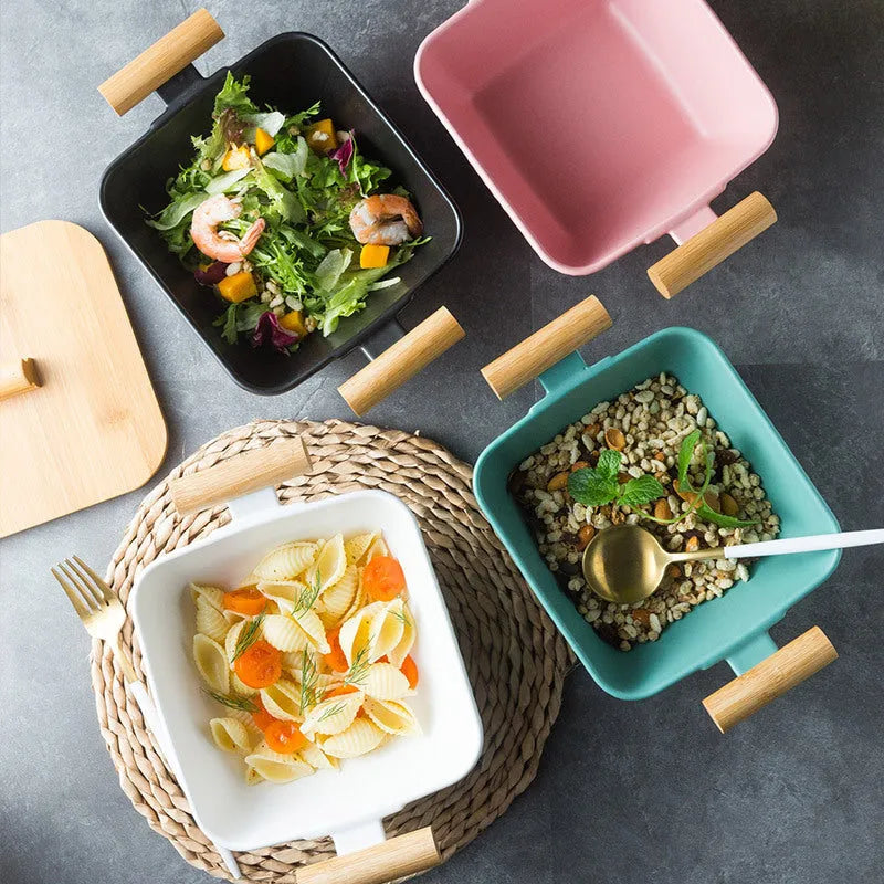 Irregular shaped porcelain ceramic bowl with matching lid available in multiple colours
