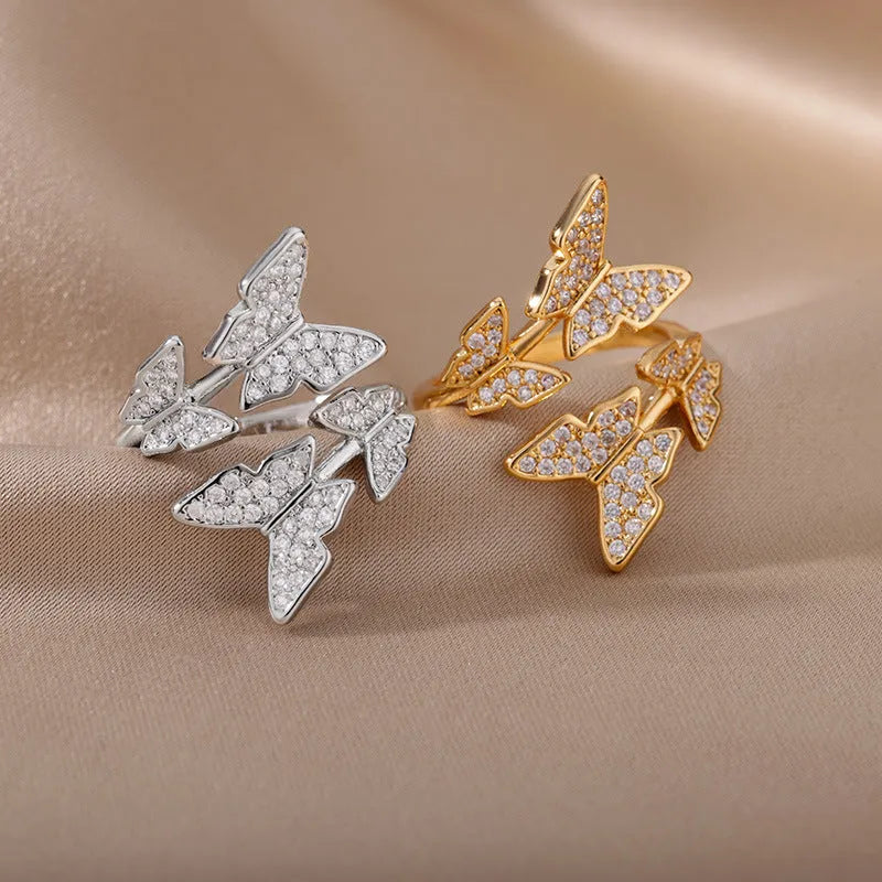 Three-dimensional butterfly-shaped copper ring with gold inlay, adjustable open design for women