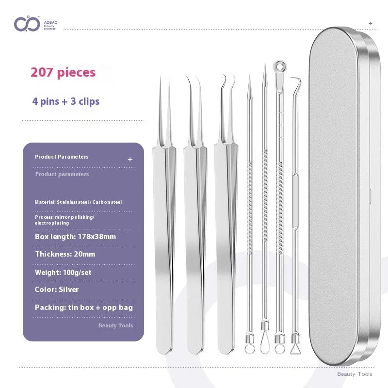Four silver metal acne needles with pointed tips for skincare extraction.