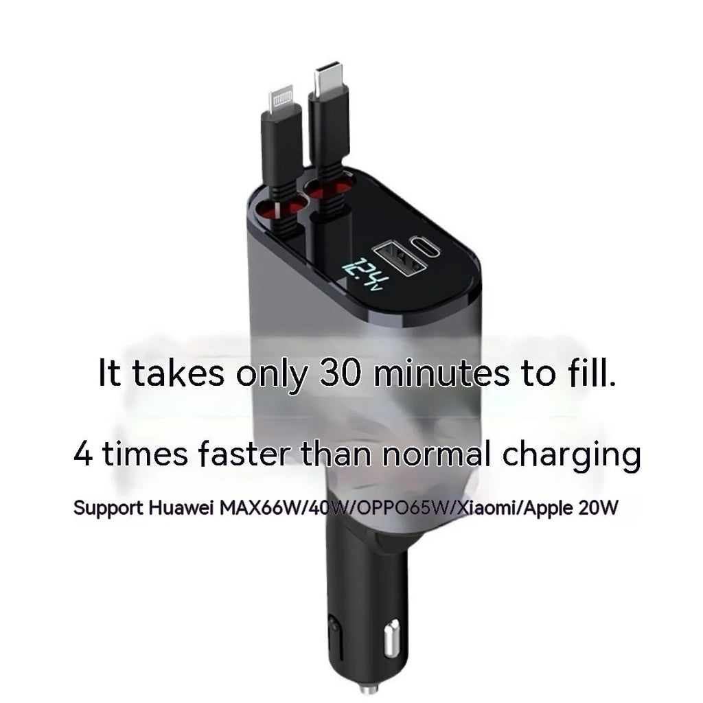 Automatic retractable car charger with four USB ports for fast charging in vehicle
