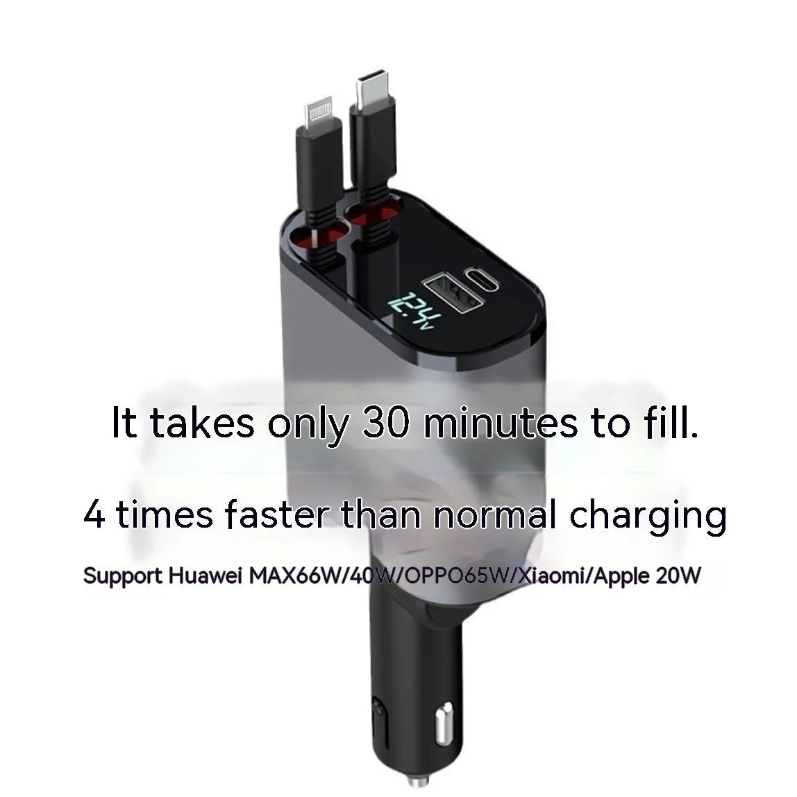 Automatic retractable car charger with four USB ports for fast charging in vehicle