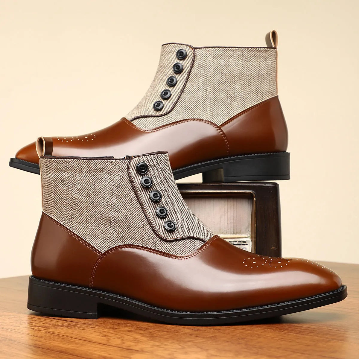British retro men's formal shoes with side zipper in brown or green colours with square toe design