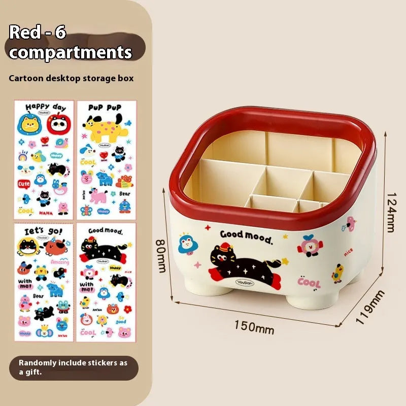 Red and brown cartoon-style desktop storage organiser with grid pattern and sticker set for labelling.