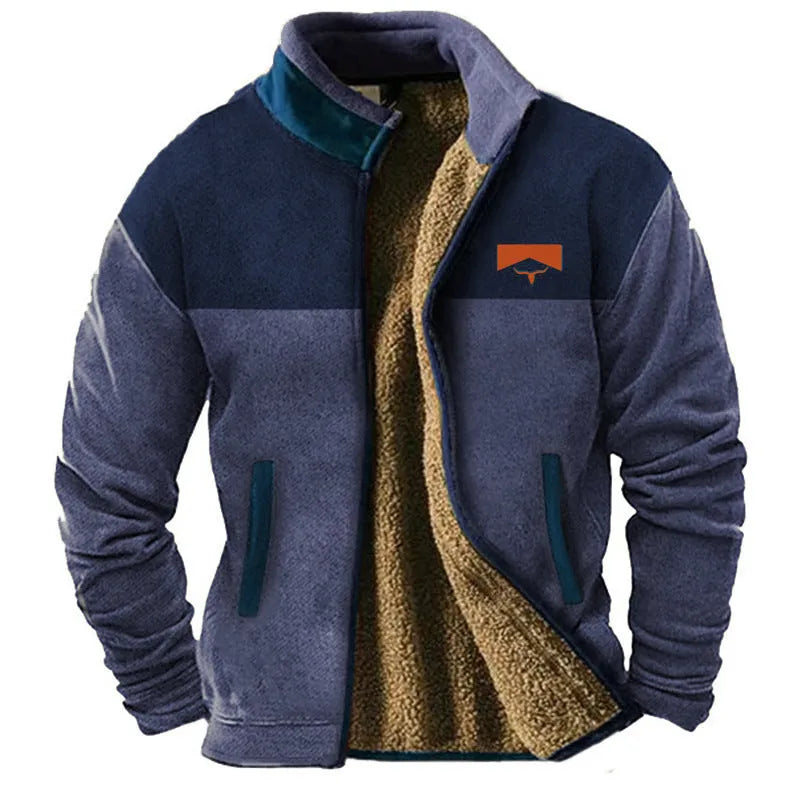 Men's green polyester fleece padded coat on a hanger, showing regular fit and front zip.