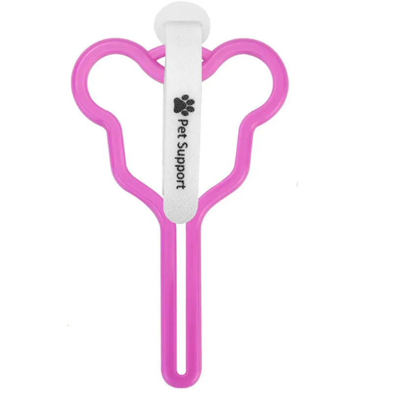 Hands-free dog poop bag holder with Velcro strap attached to a leash.