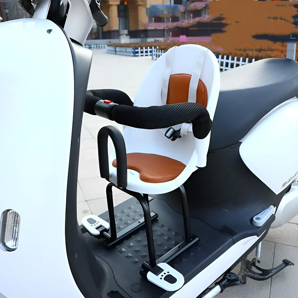 Steel-framed front seat for a child on an electric scooter, shown in black colour.