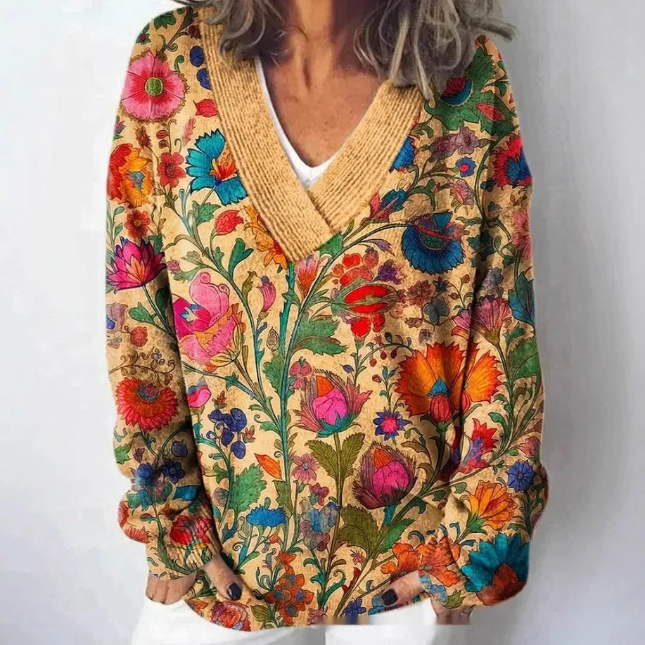Women's V-neck long sleeve sweatshirt with a detailed 3D floral pattern print in art retro style.