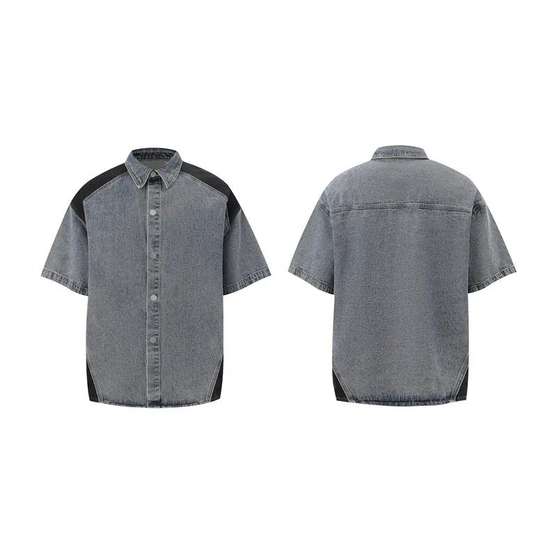 Short sleeve vintage washed denim jacket and trouser suit set in blue