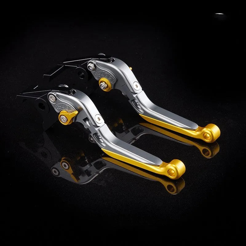 Pair of anodised metal motorcycle horn handle clutch levers with six-speed adjustable length, shown in a selection of colour finishes