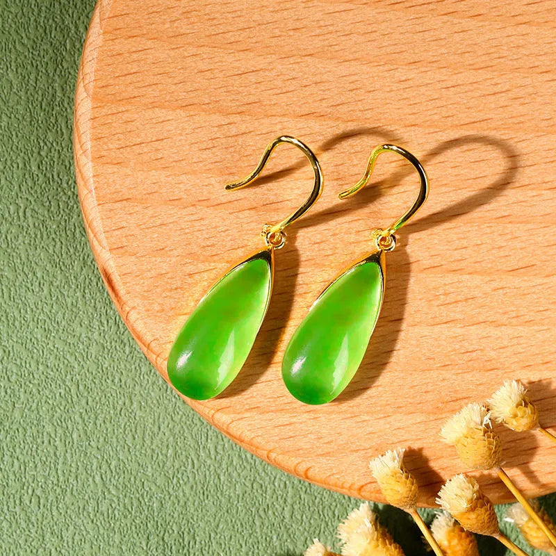 Copper Chinese style geometric earrings with water droplet elements in electroplated jade colour