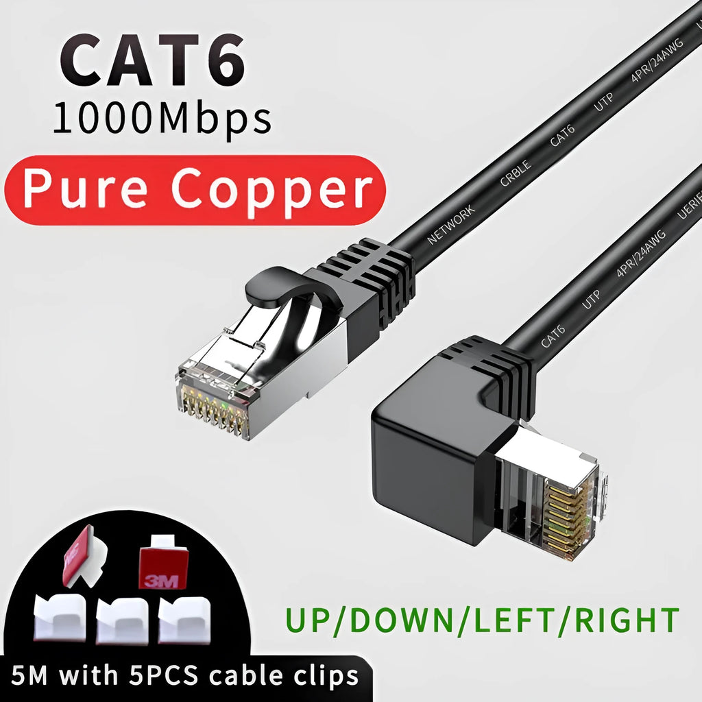Black Cat6 Ethernet cable with a right-angled metal RJ45 connector shown next to a router.