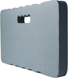 Blue plastic garden kneeler mat on grass, showing dimensions for comfortable kneeling while gardening.