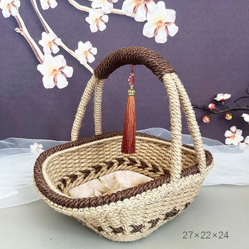 Natural straw hand-woven rustic retro basket in coffee brown, measuring 19cm by 12cm.